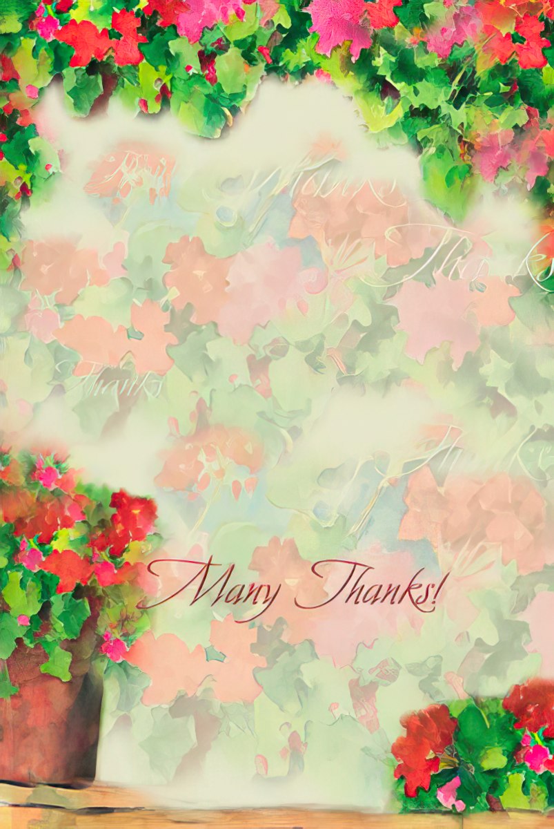 Inside of a Judy Buswell geranium card with a faded floral background and a prominent "Many Thanks!" message.