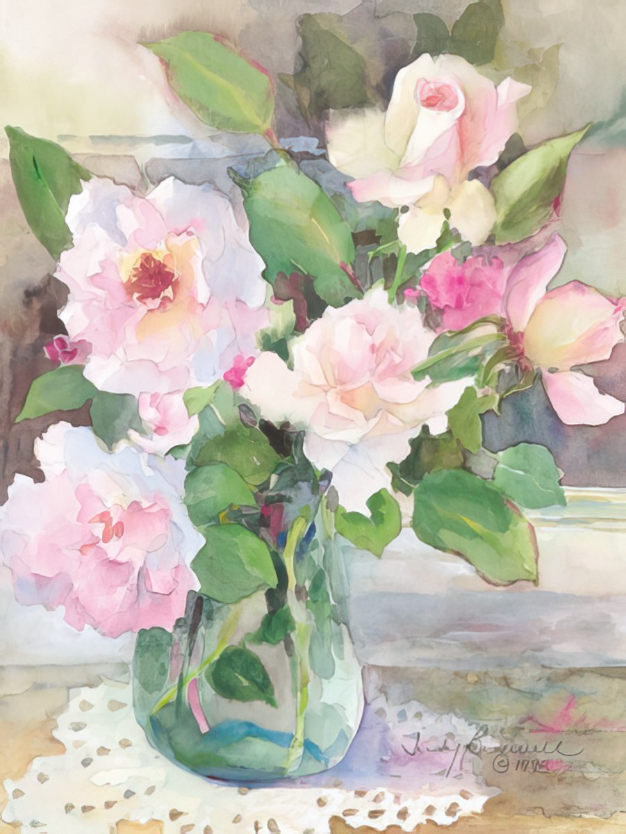 Watercolor painting by Judy Buswell of delicate pink and white roses in a clear glass vase on a white lace doily.