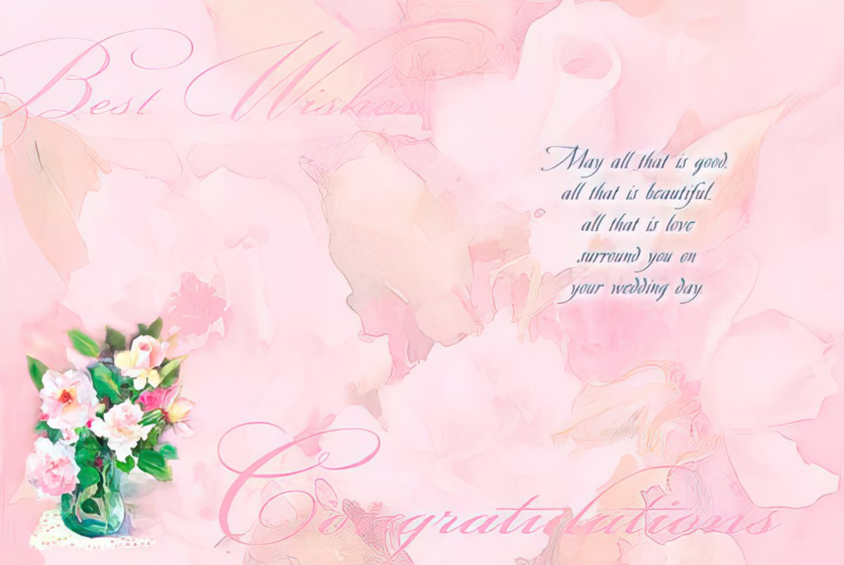 Inside of a Judy Buswell rose card with a soft pink background and elegant script reading "Best Wishes" and "Congratulations".