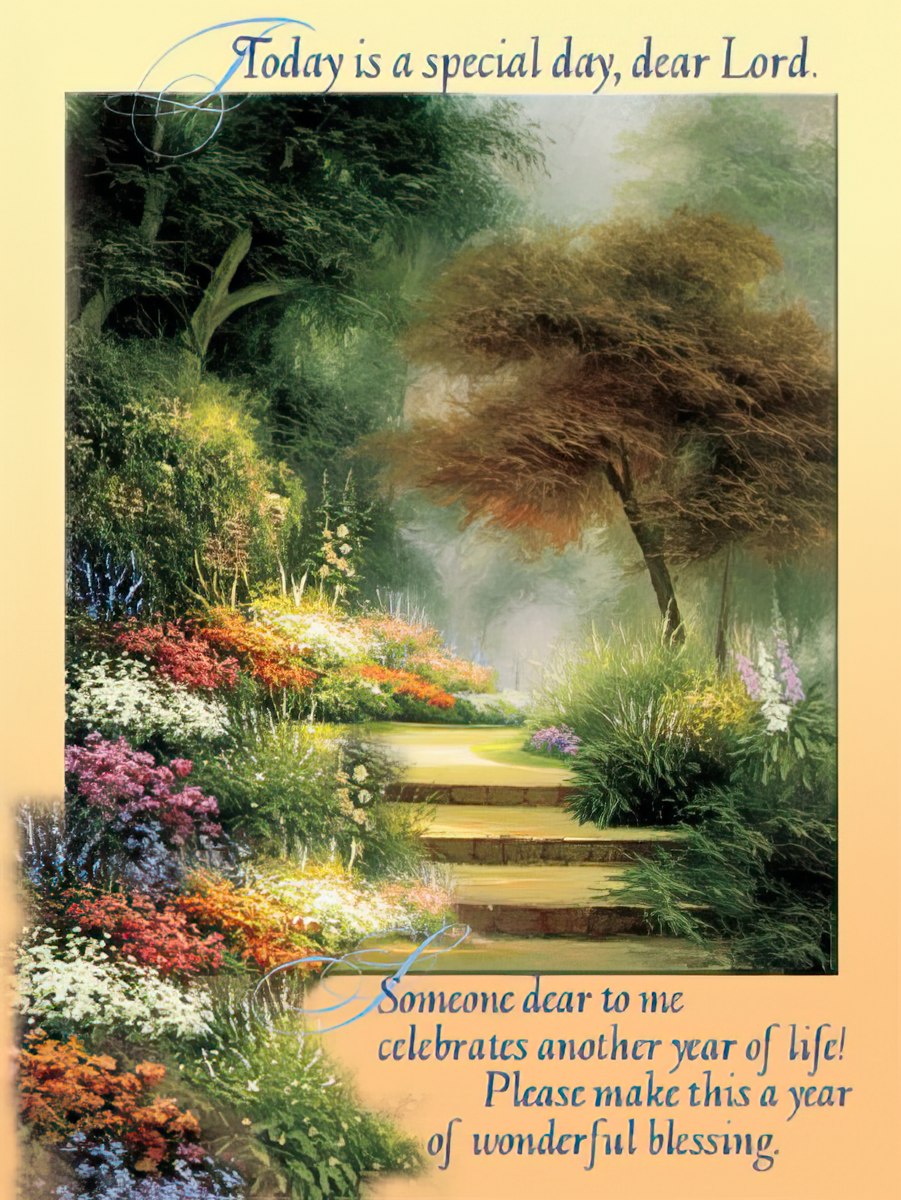 Greeting card front showcasing a beautiful garden path adorned with colorful flowers, text "Today is a special day."