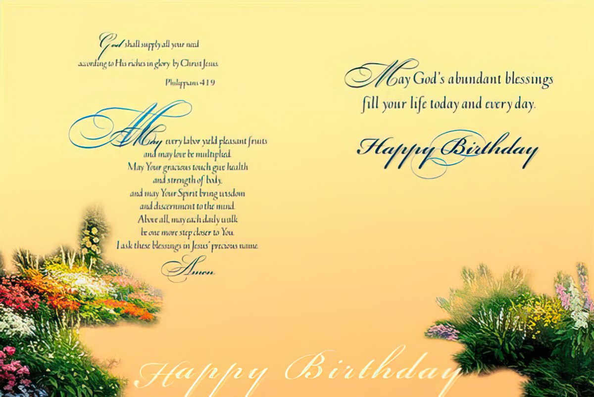Inside of garden path card with birthday blessings, wishing "May God's abundant blessings fill your life."