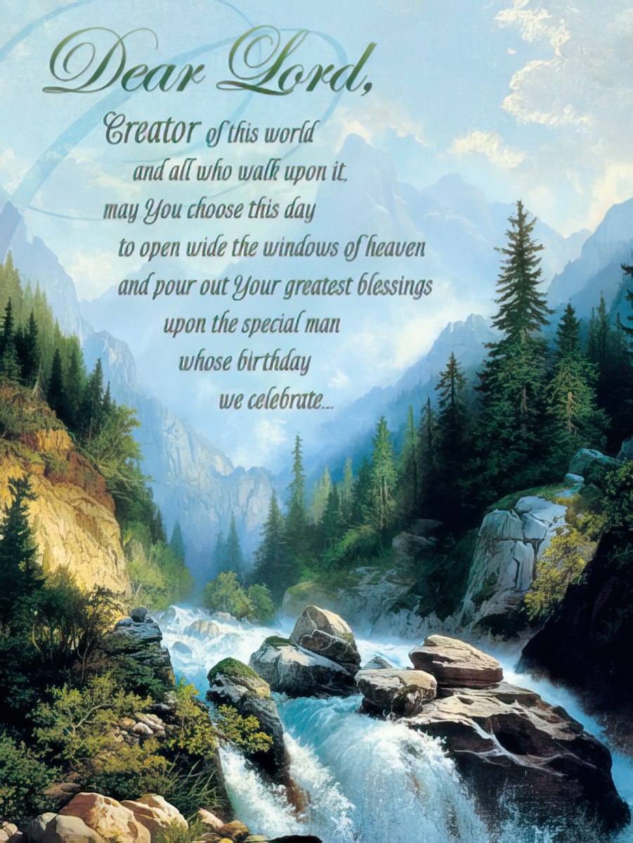 Greeting card front with a majestic mountain waterfall scene and a prayer beginning "Dear Lord, Creator of this world."