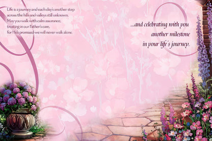 Inside of archway card, celebrating another milestone in life's journey with a message of faith.