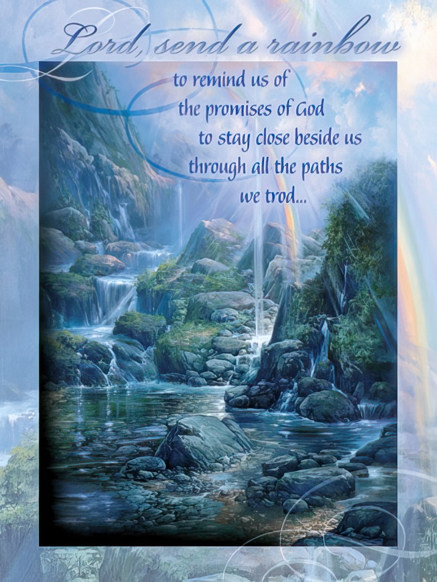 Greeting card front featuring a serene waterfall with a rainbow, asking "Lord, send a rainbow to remind us."