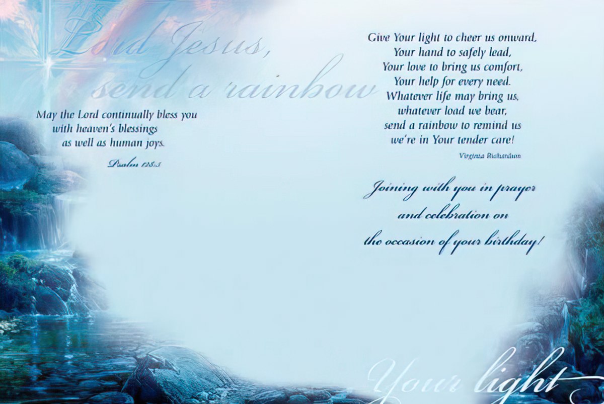 Inside of rainbow waterfall card, joining in prayer and celebration on the occasion of a birthday.