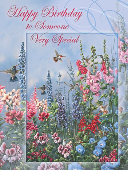 Greeting card front adorned with hummingbirds among vibrant flowers, for "Happy Birthday to Someone Very Special."