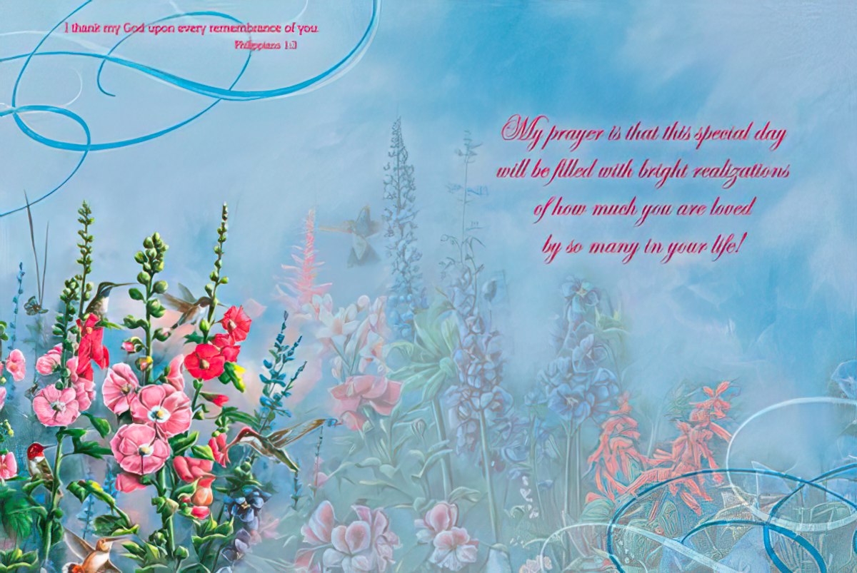 Inside of hummingbird card, with a prayer that the special day will be filled with bright realizations.