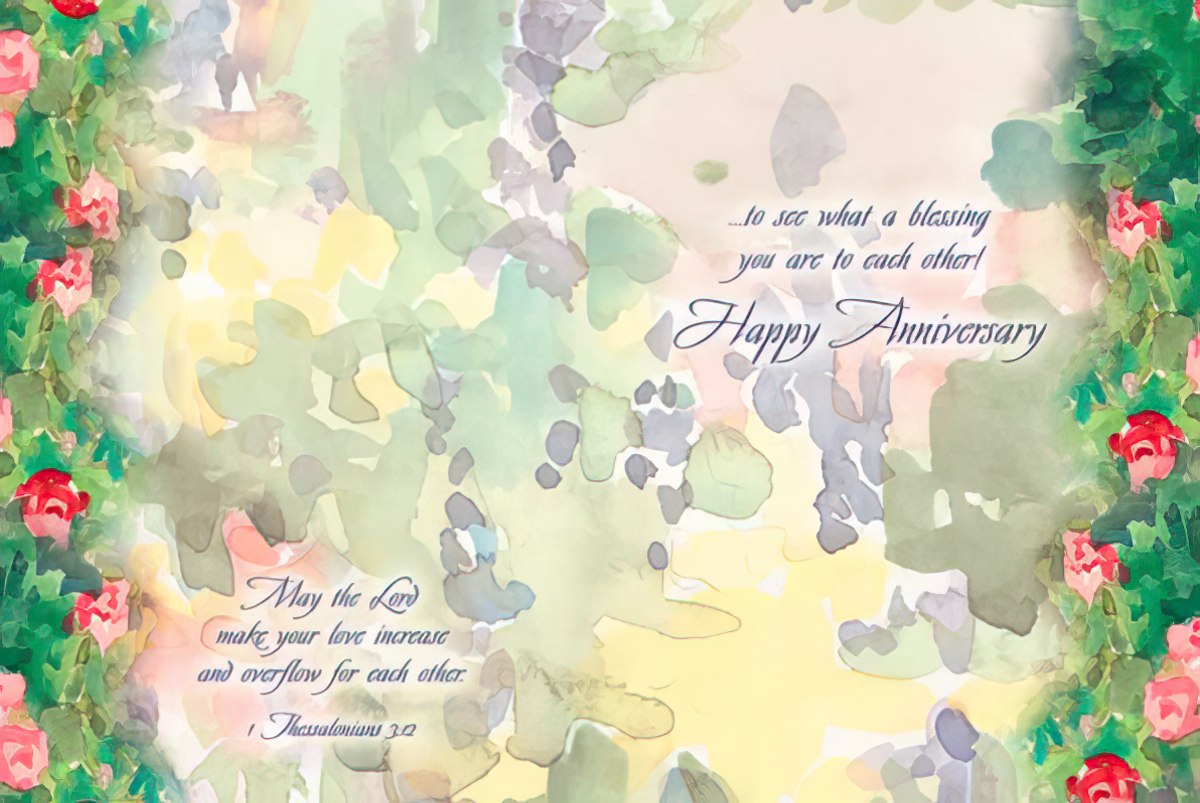 Inside of bird fountain card, celebrating "Happy Anniversary" and wishing increased love for the couple.