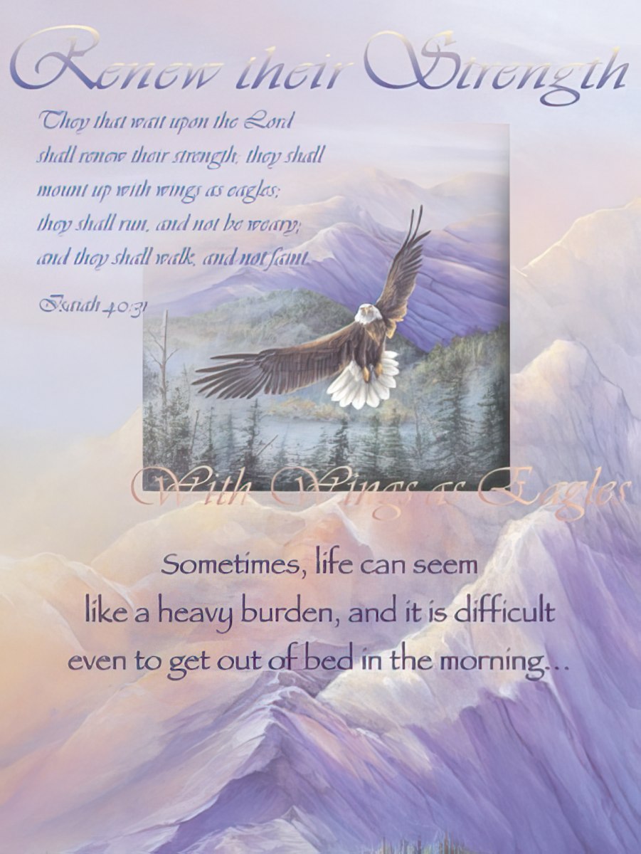 Greeting card front with an eagle soaring over mountains, featuring the scripture "Renew their Strength."