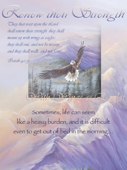 Greeting card front with an eagle soaring over mountains, featuring the scripture "Renew their Strength."