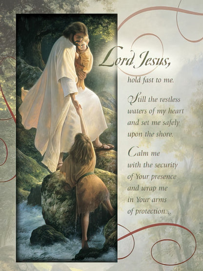 Greeting card front depicting Jesus reaching out to a person in rushing water, with "Lord Jesus, hold fast to me."