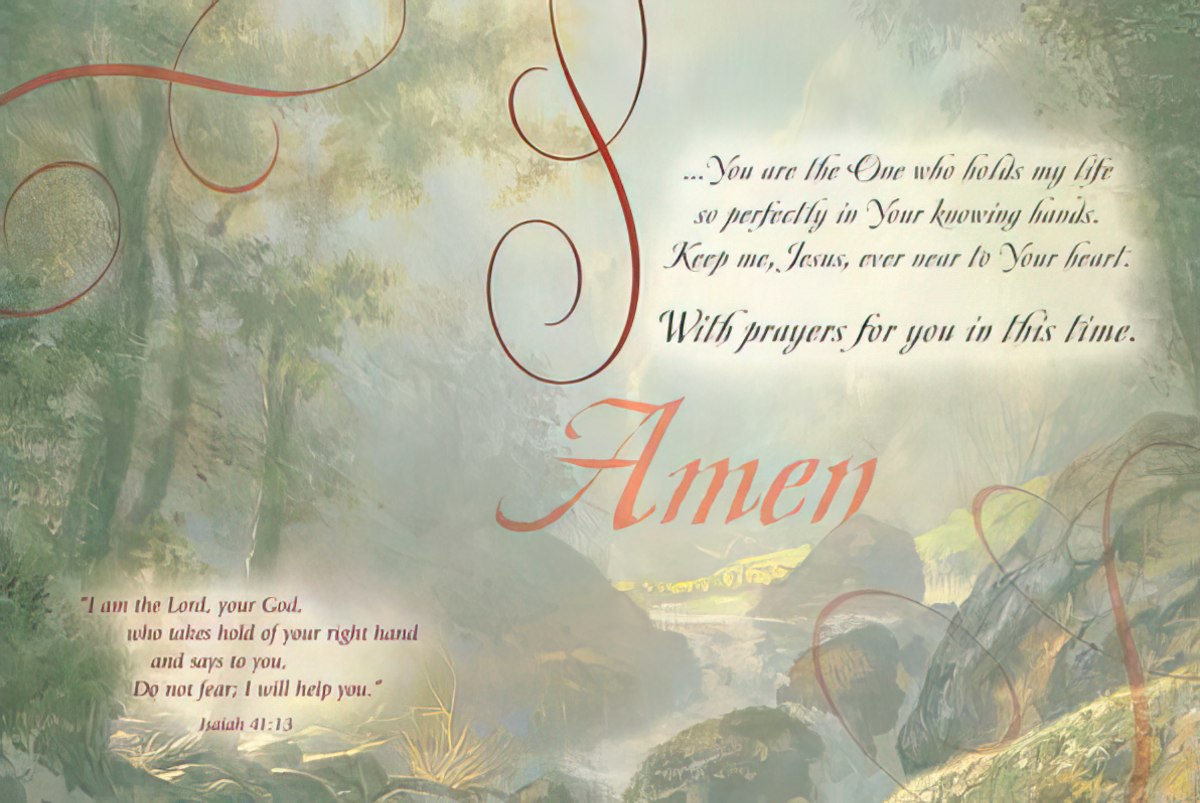 Inside of Jesus in water card, offering comfort "With prayers for you in this time. Amen" with scripture.