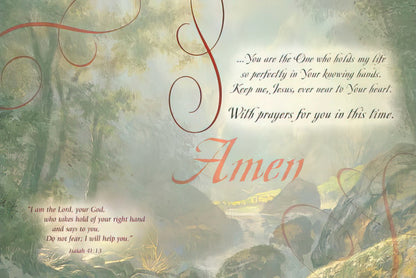 Inside of Jesus in water card, offering comfort "With prayers for you in this time. Amen" with scripture.