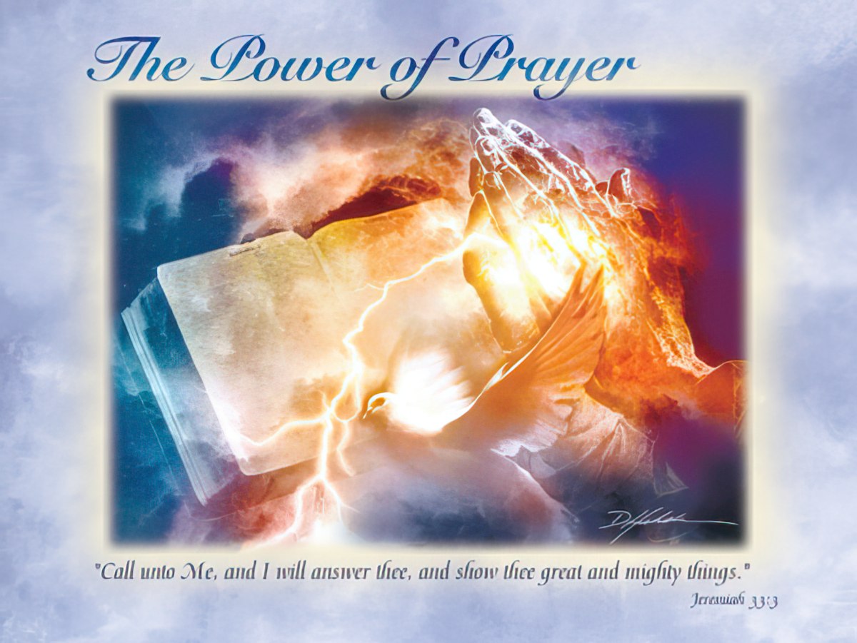 Greeting card front showing praying hands over a Bible with a dove and light, titled "The Power of Prayer."