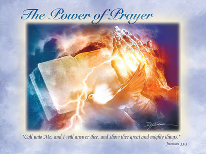 Greeting card front showing praying hands over a Bible with a dove and light, titled "The Power of Prayer."