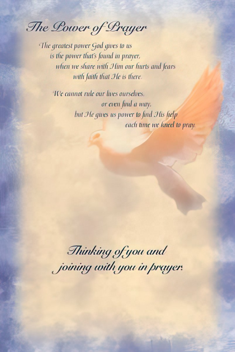 Inside of power of prayer card, stating "Thinking of you and joining with you in prayer" with faith message.