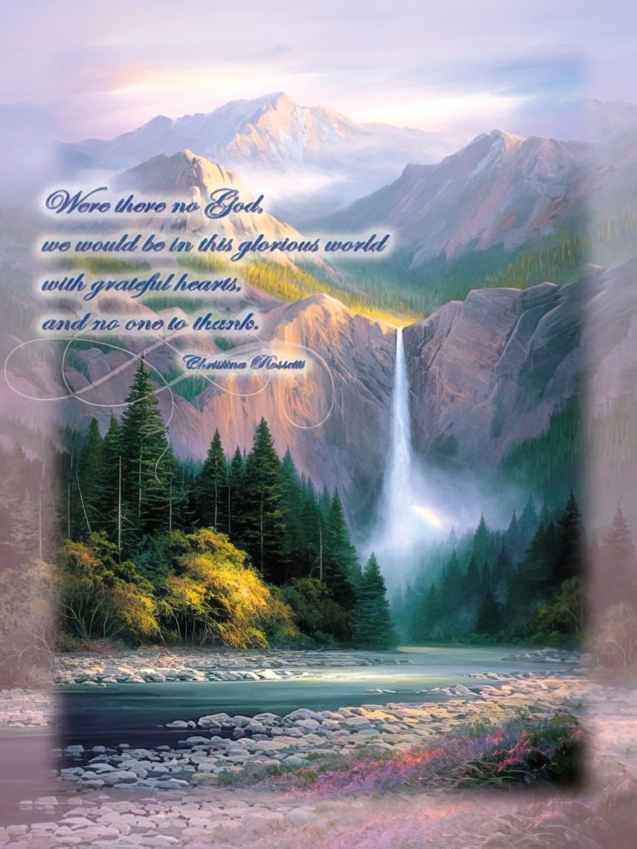 Greeting card front with a stunning mountain landscape and waterfall, reflecting on gratitude to God.