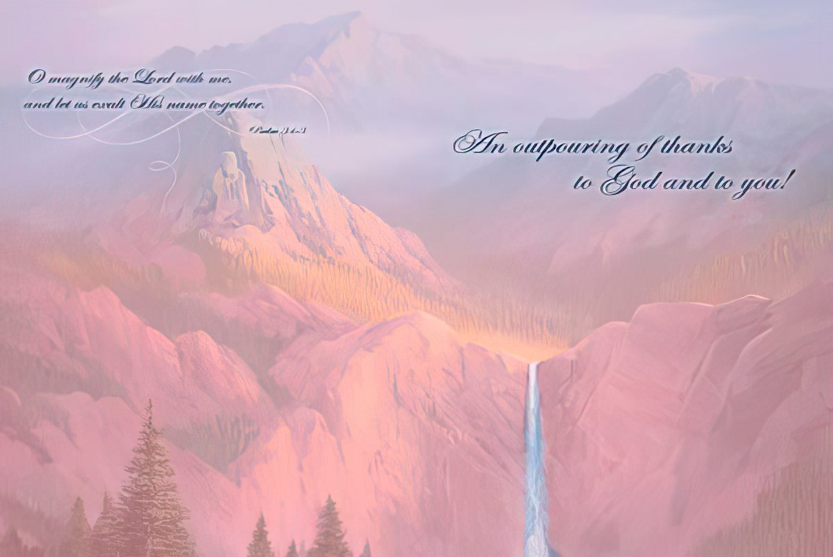 Inside of mountain waterfall card, offering "An outpouring of thanks to God and to you!" for appreciation.