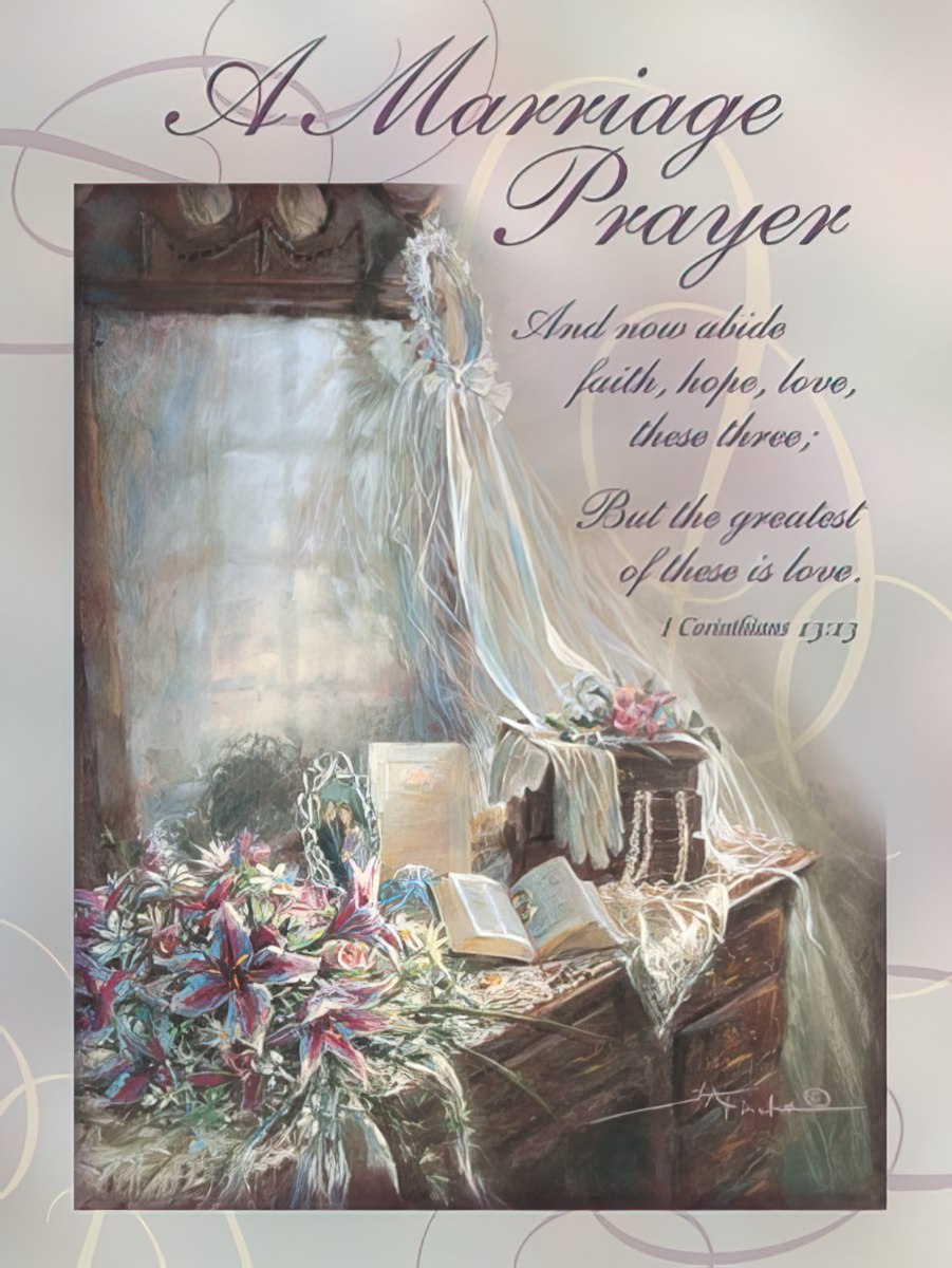 Greeting card front with a wedding dress, flowers, and an open Bible, titled "A Marriage Prayer."