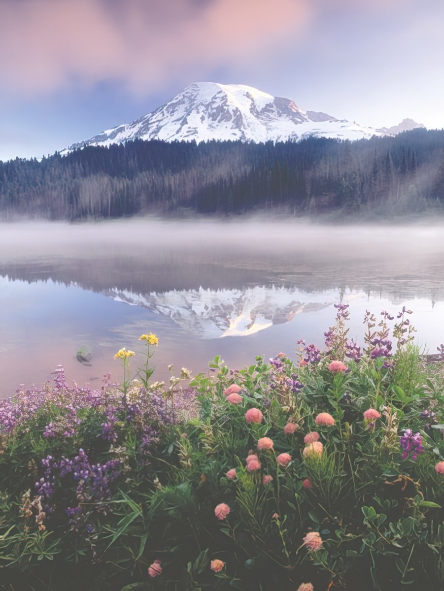 Serene mountain lake with a reflection of a misty, snow-capped peak, framed by colorful wildflowers in the foreground.