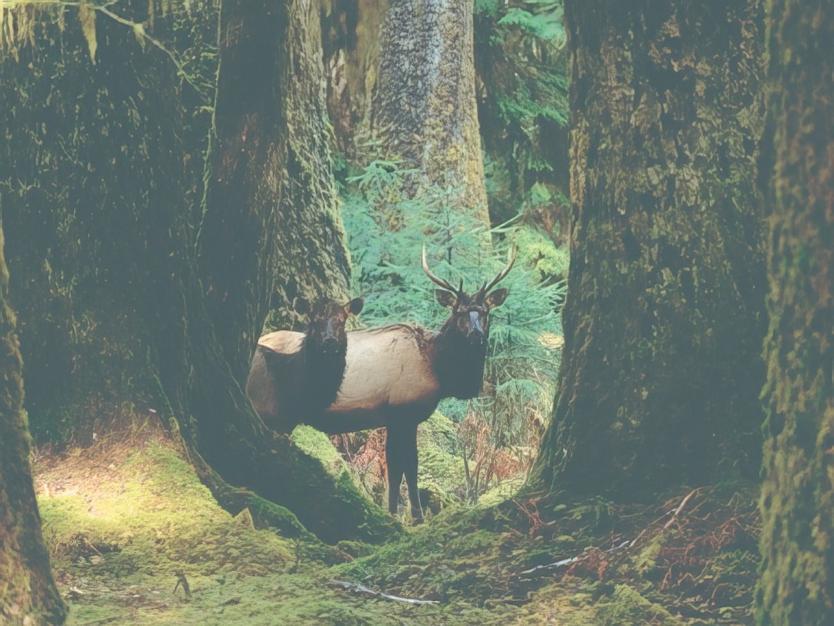 Two elk, one with impressive antlers, standing in a dense, moss-covered forest, looking directly ahead.