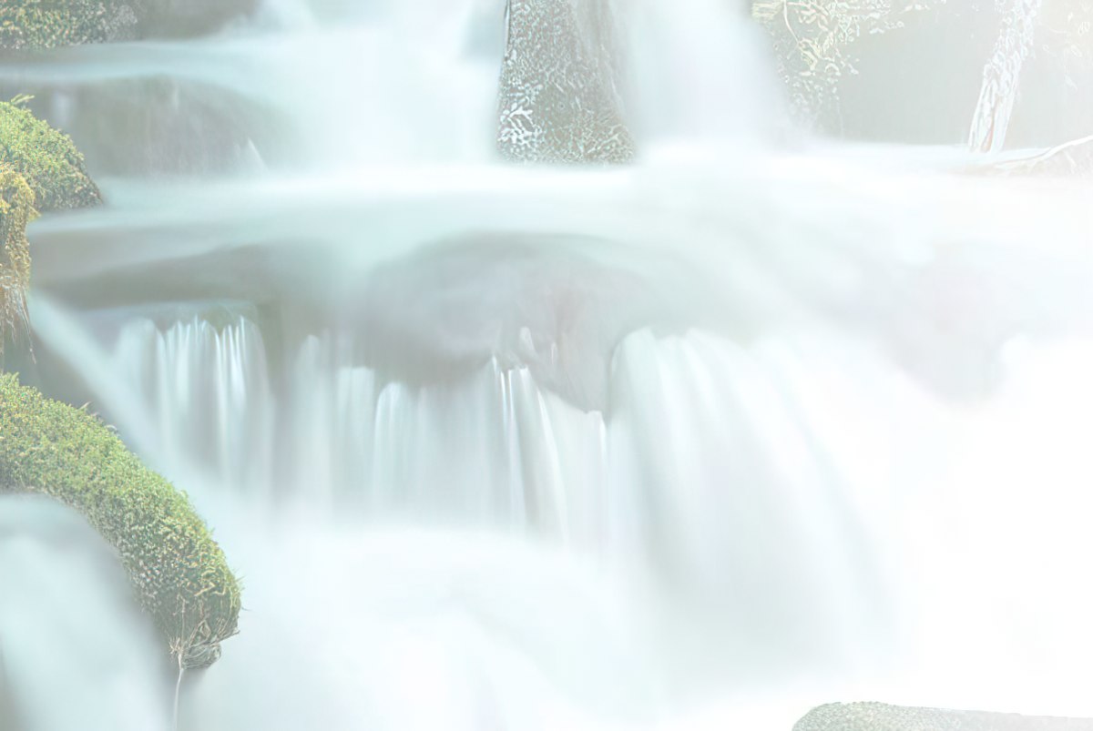 Soft, blurred white and light green background, evoking the movement and texture of a flowing waterfall.