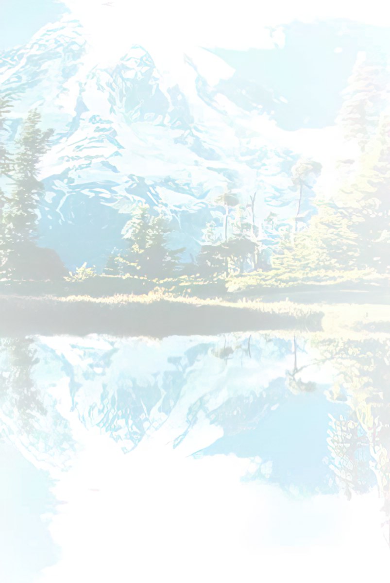 Faded light blue and white abstract background with a subtle reflection of a mountain and sky on water.