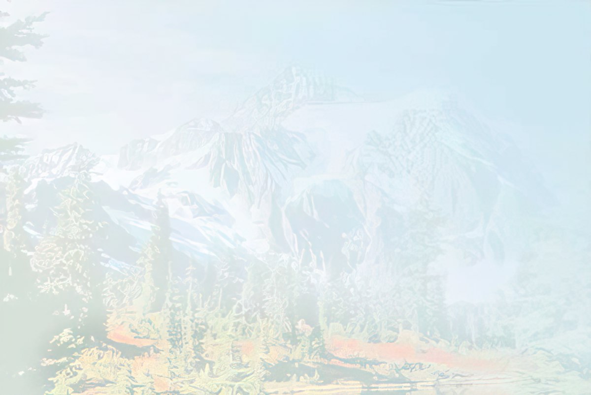 Faded light blue and white abstract background, with a blurred hint of a snowy mountain peak and surrounding trees.