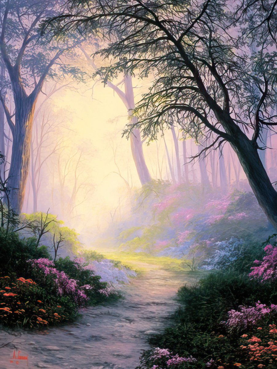 Sympathy card showcasing a misty, ethereal forest path with vibrant wildflowers in soft, pastel hues.