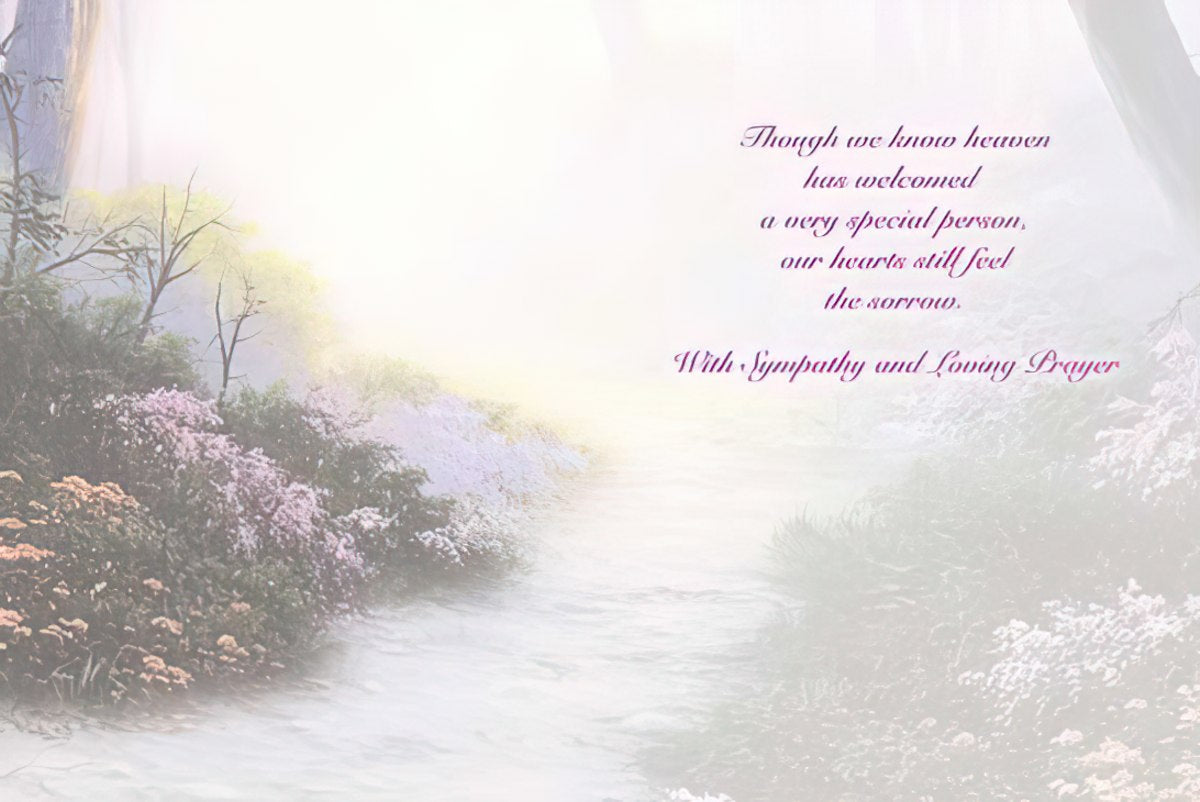 Inside of misty forest sympathy card with message about heaven welcoming a bright and beautiful spirit.