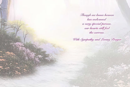 Inside of misty forest sympathy card with message about heaven welcoming a bright and beautiful spirit.