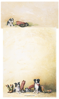 SEO-optimized stationery with charming watercolor illustrations of black and white Border Collie adult dogs and their adorable puppies, surrounded by various cowboy boots, set against a rustic, light brown textured background. The design evokes a cute, country-western theme, perfect for dog lovers and personal correspondence.