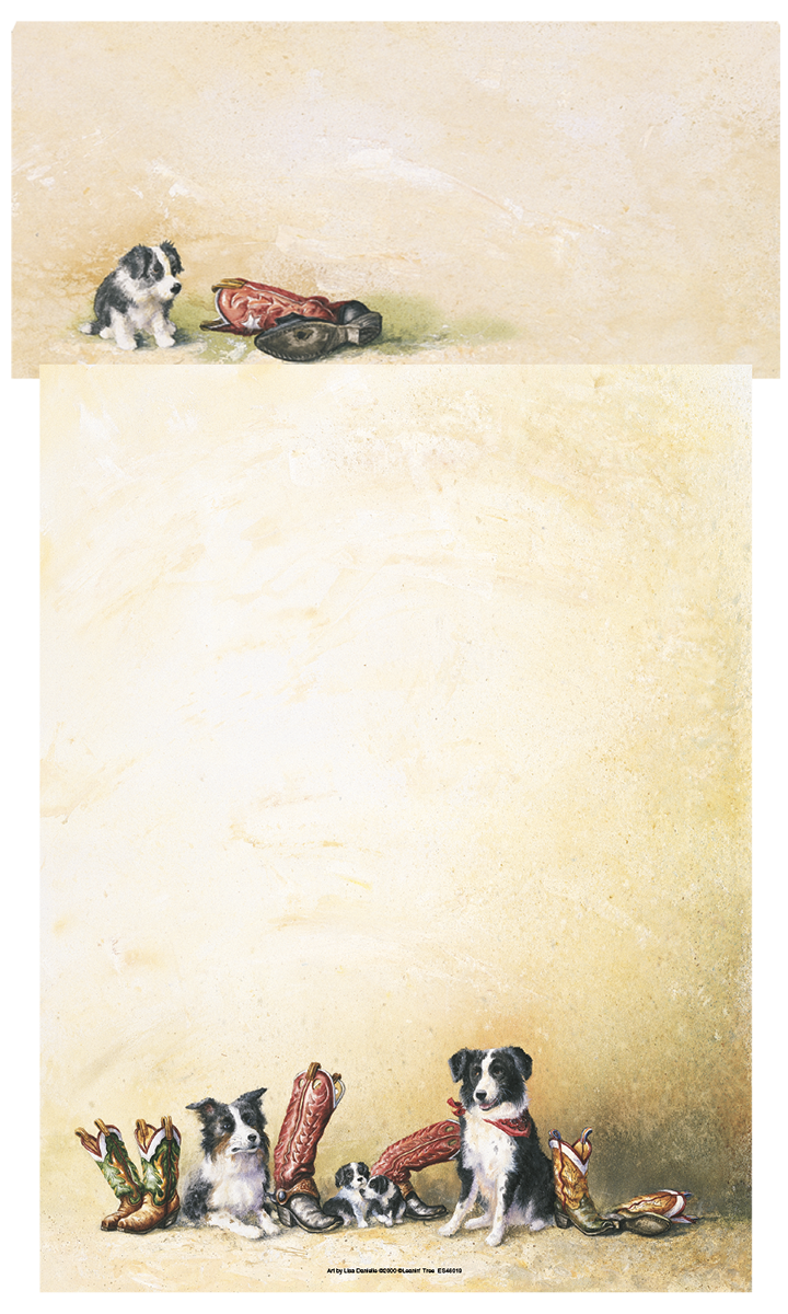 SEO-optimized stationery with charming watercolor illustrations of black and white Border Collie adult dogs and their adorable puppies, surrounded by various cowboy boots, set against a rustic, light brown textured background. The design evokes a cute, country-western theme, perfect for dog lovers and personal correspondence.