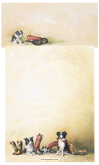 Stack of premium stationery sheets displaying a delightful western-themed design with playful Border Collie dogs, a cute puppy, and various cowboy boots, ideal for personalized messages.