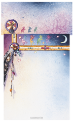 Detailed image of inspiring stationery paper showcasing a full border design with a central dreamcatcher, flowing feathers, colorful beads, dancing Kokopelli, twinkling stars, and a soft moon against a tranquil blue-purple backdrop. Perfect for meaningful letters.