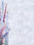 Watercolor illustration of a charming white picket fence adorned with vibrant pink foxgloves and delicate purple lavender, featuring two ruby-throated hummingbirds fluttering gracefully among the blossoms against a soft, serene blue sky background. Ideal for elegant stationery.