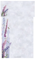 Beautiful floral writing paper showcasing an elegant garden scene with a hummingbird in flight, colorful foxglove and delphinium flowers, and a classic picket fence design, ideal for thoughtful letters and special notes.