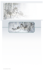 Envelope featuring a detailed illustration of a wolf pack navigating a snowy forest with birch trees, designed for elegant correspondence.