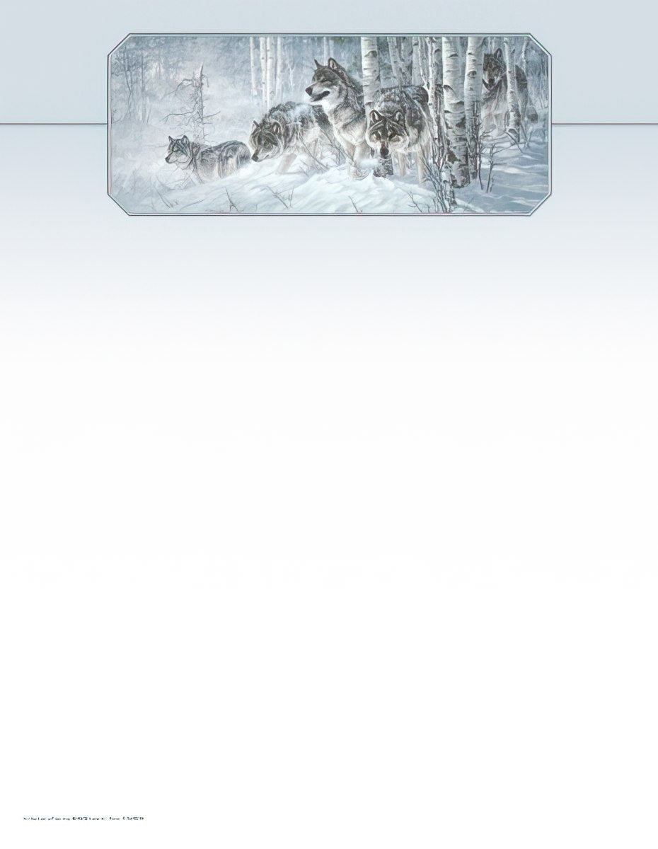 Pack of grey wolves navigating a snowy birch forest, featured on premium stationery. Ideal for nature lovers and inspiring correspondence.