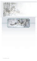A majestic pack of grey wolves traversing through a snow-covered birch forest, artwork for stationery or letterhead.