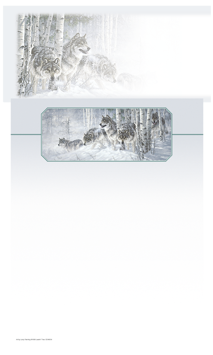 A majestic pack of grey wolves traversing through a snow-covered birch forest, artwork for stationery or letterhead.