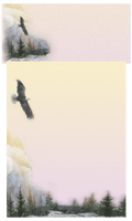 Majestic bald eagle stationery paper, featuring two eagles soaring above a peaceful evergreen forest and misty mountains under a soft sky, perfect for nature-themed correspondence.
