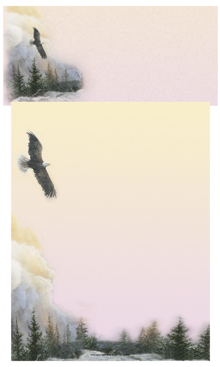 Majestic bald eagle stationery paper, featuring two eagles soaring above a peaceful evergreen forest and misty mountains under a soft sky, perfect for nature-themed correspondence.
