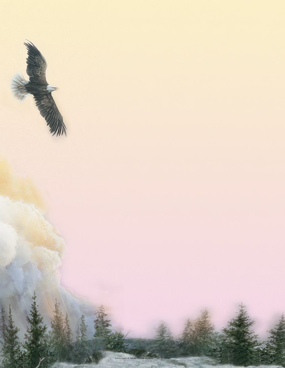 Majestic bald eagle soaring over a snow-covered forest with green pine trees and soft clouds under a pastel yellow and pink sky, ideal for nature-inspired writing paper and stationery.