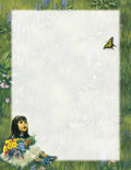 Whimsical stationery border featuring a young indigenous girl holding wildflowers, with a yellow butterfly and lush green meadow accents. Ideal for charming letters and notes.
