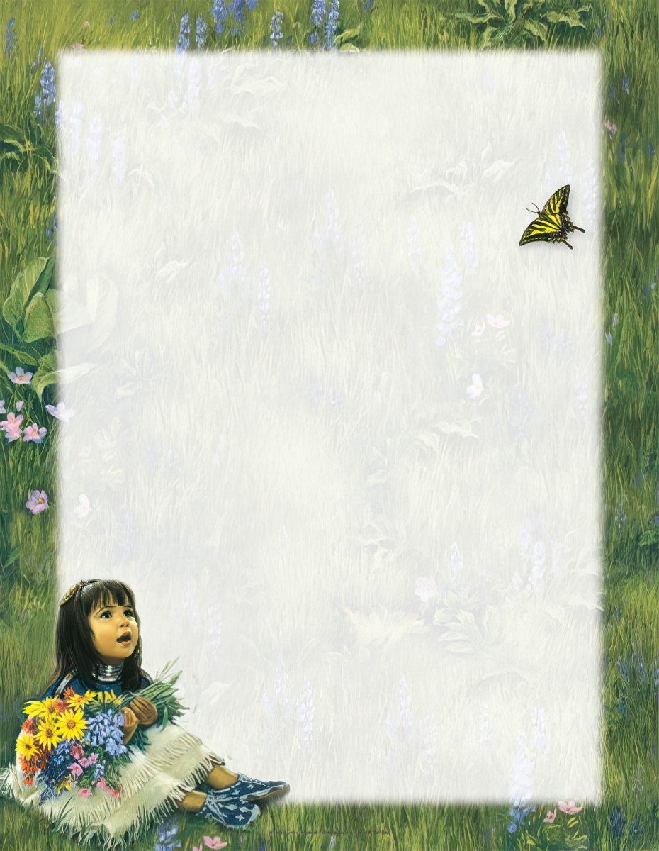 Whimsical stationery border featuring a young indigenous girl holding wildflowers, with a yellow butterfly and lush green meadow accents. Ideal for charming letters and notes.