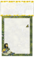 Beautiful wildflower stationery paper featuring a young girl with a floral bouquet, a delicate yellow butterfly, and vibrant sunflower borders. Perfect for heartfelt letters.