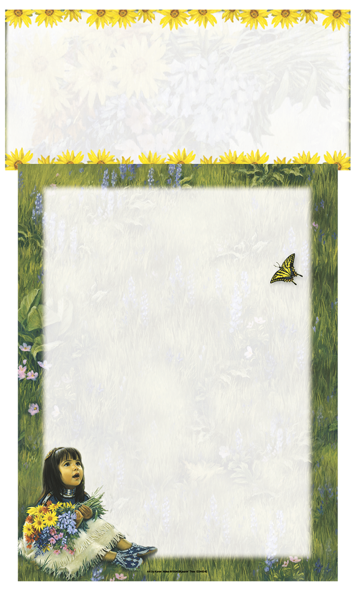 Beautiful wildflower stationery paper featuring a young girl with a floral bouquet, a delicate yellow butterfly, and vibrant sunflower borders. Perfect for heartfelt letters.