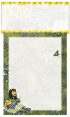Full sheet of wildflower-themed stationery paper, featuring a girl with a bouquet, a butterfly, green border, and bright yellow sunflower accents at the top and bottom, ideal for creative writing and personalized notes.