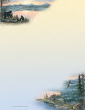 Scenic nature stationery featuring a tranquil lake, towering mountains, a mother bear with two cubs, a rustic lakeside cabin, and an eagle soaring at sunset. Perfect for inspiring writing.